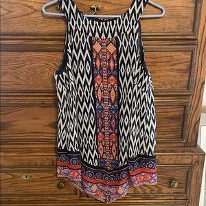 Tribal Print Sleeveless Top - Black and Orange